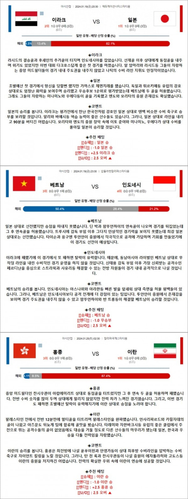 1월 19-20일 아시안컵 3경기