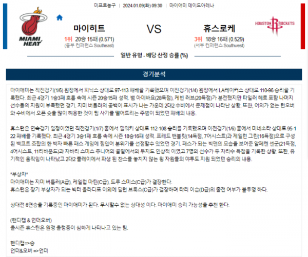 2024년 01월 09일 09시 30분 미국 프로농구 NBA 마이히트 vs 휴스로케