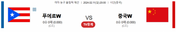 2월 11일 20:00 푸에르토리코(W) vs 중국(W) 여자농구 올림픽예선 농구중계 농구분석